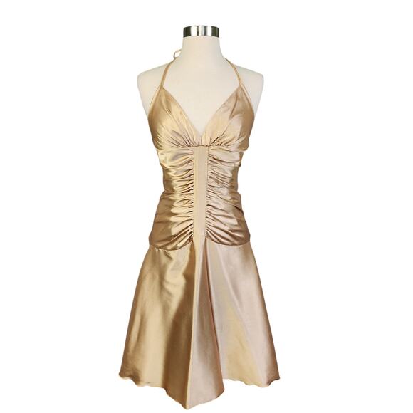 Jessica McClintock Womens Vintage Halter Dress Size 4 Gold Y2K Ruched Drop Waist - Picture 1 of 16